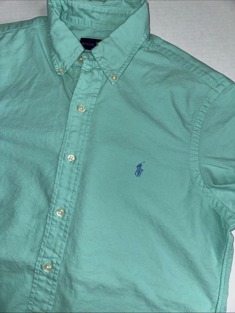 Ralph Lauren Button Down Short Sleeve Shirt Mint Green Slim Fit Cotton Small - Picture 1 of 9